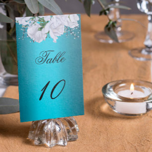 Weiße Rosen und elegante aqua Hochzeit Tischnummer