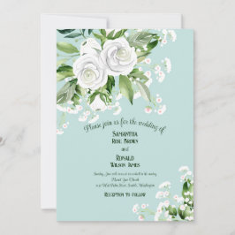 Weiße Rosen und Gipskraut auf blauen Hochzeiten Einladung