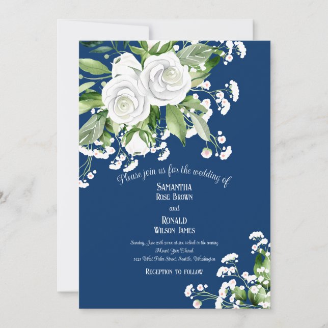 Weiße Rosen und Gipskraut auf der Hochzeit von Nav Einladung (Vorderseite)