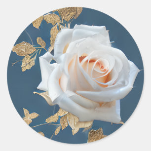 Weiße Rosen und goldene Blätter auf blauem Hinterg Runder Aufkleber