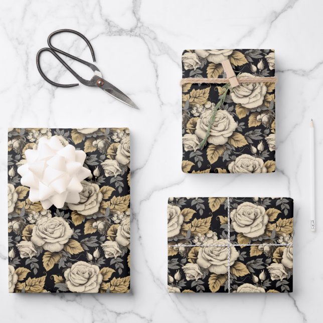 Weiße Rosen und goldene Blätter Blumenmuster (Vorderseite)