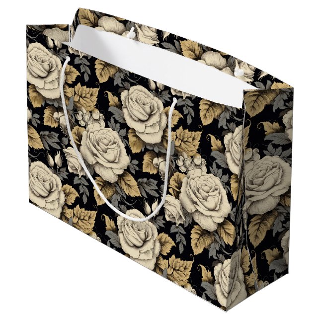 Weiße Rosen und goldene Blätter Blumenmuster Große Geschenktüte (Rückseite Schrägansicht)
