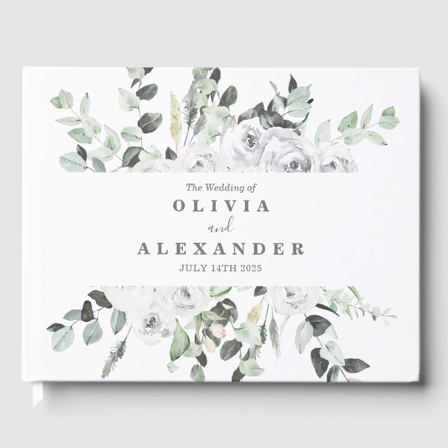 Weiße Rosen und Grüne elegante Hochzeit mit Blumen Gästebuch (Vorderseite)