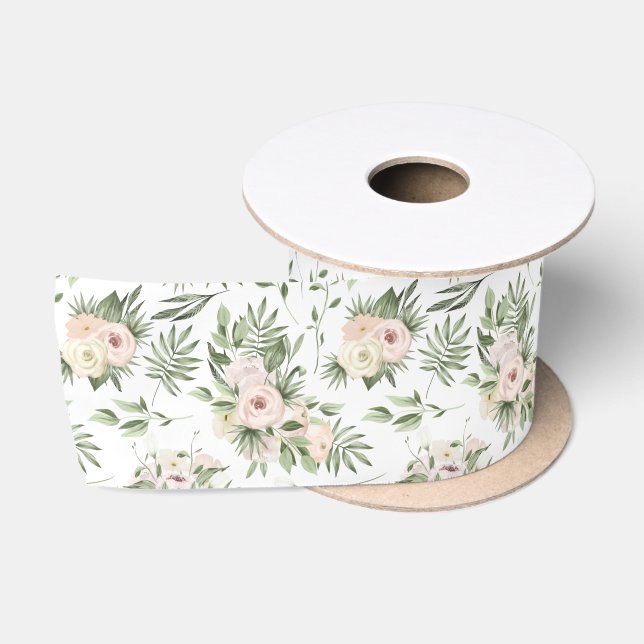Weiße Rosen und grünes Satin Satinband (Spule)