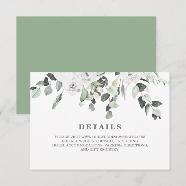 Weiße Rosen und Grünpflanzen Hochzeit Details RSVP Karte (Vorne/Hinten)