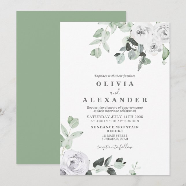 Weiße Rosen und Grünpflanzen Hochzeit Einladung (Vorne/Hinten)