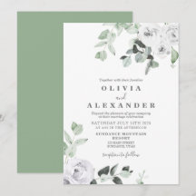 Weiße Rosen und Grünpflanzen Hochzeit Einladung