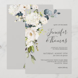 Weiße Rosen und Hydrangea Elegante Blumenhochzeit Einladung