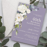 Weiße Rosen und Hydrangeas Elegant 40. Geburtstag Einladung<br><div class="desc">Die beliebte Party Einladung mit neutralen, weißen Blumen auf einem lila Hintergrund aus Lavendel besticht durch einen Eckbouquet mit weißen Aquarellblumen und einer anschließenden Eukalyptus-Vegetation. Die Blume beinhalten Rose, Hydrangeas und passende Mischflorale für einen schönen Effekt. Die Textpaare, die in diesem Design verwendet werden, bieten eine Kombination aus beliebten Serif-Schriftart....</div>