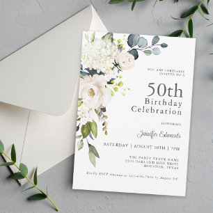 Weiße Rosen und Hydrangeas Elegant 50. Geburtstag Einladung