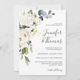 Weiße Rosen und Hydrangeas Elegante Blumenhochzeit Einladung