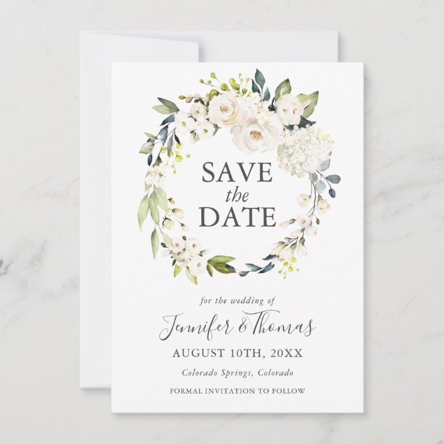 Weiße Rosen und Hydrangeas Save the Date (Vorderseite)