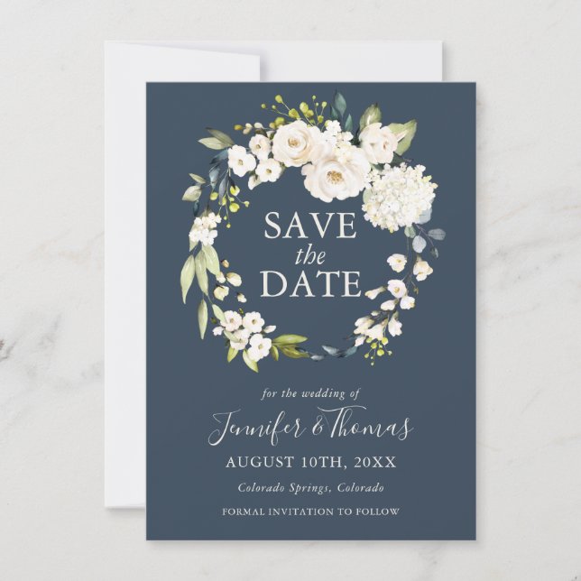 Weiße Rosen und Hydrangeas Save the Date (Vorderseite)