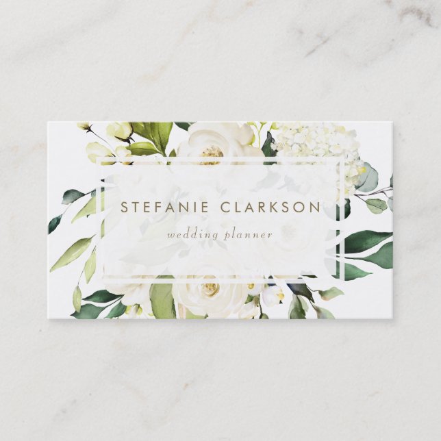 Weiße Rosen und Hydrangeas Visitenkarte (Vorderseite)