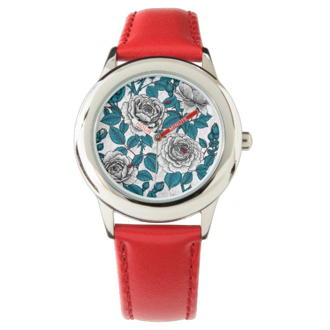 Weiße Rosen und Ladybusen Armbanduhr (Vorderseite)