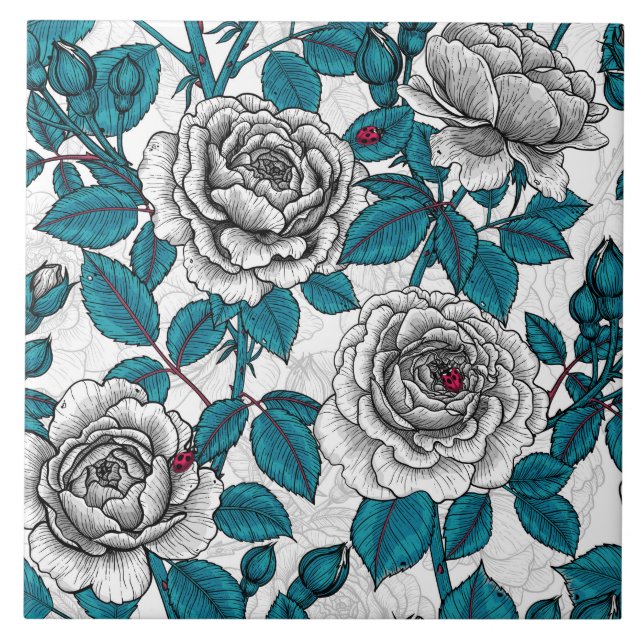 Weiße Rosen und Ladybusen Fliese (Vorderseite)