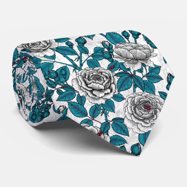 Weiße Rosen und Ladybusen Krawatte (Gerollt)