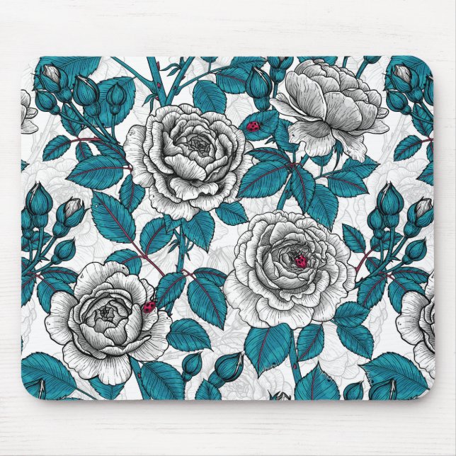 Weiße Rosen und Ladybusen Mousepad (Vorne)