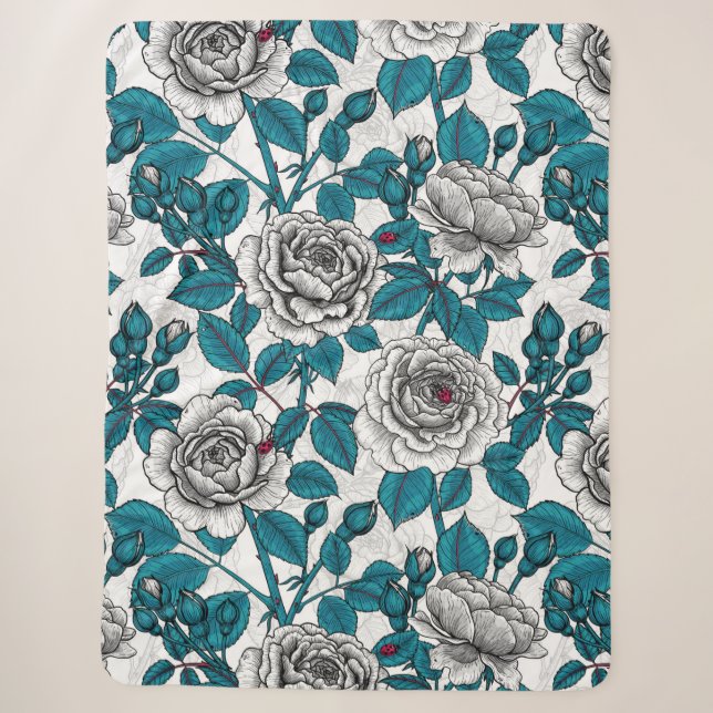 Weiße Rosen und Ladybusen Sherpadecke (Vorderseite)