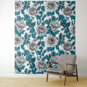Weiße Rosen und Ladybusen Wandteppich