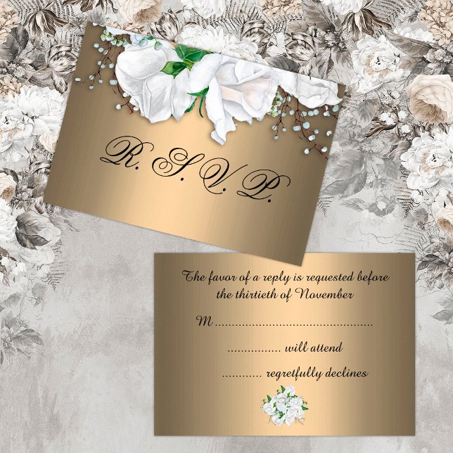 Weiße Rosen und metallische Bronze-Hochzeit RSVP (Von Creator hochgeladen)