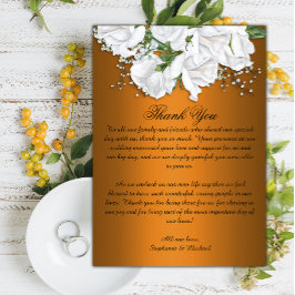 Weiße Rosen und metallische Orangenhochzeit Dankeskarte