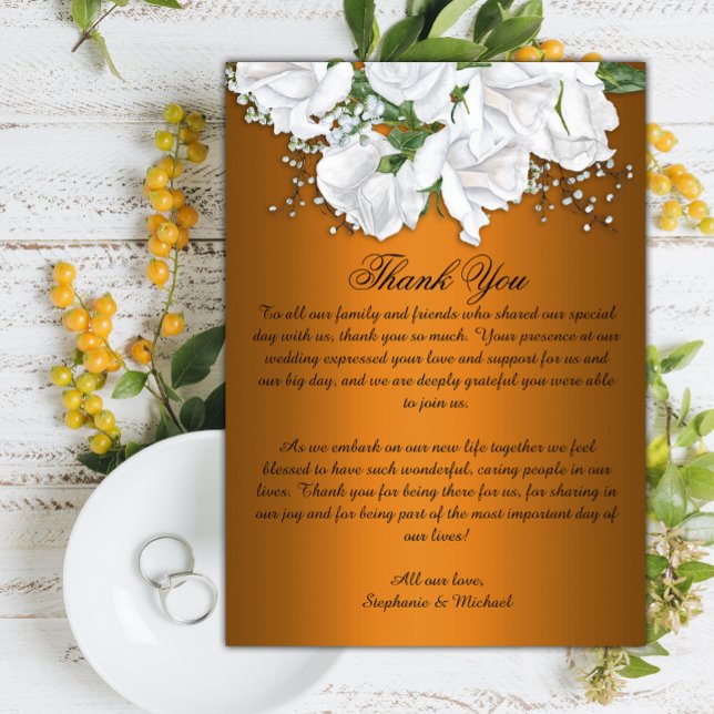 Weiße Rosen und metallische Orangenhochzeit Dankeskarte (Von Creator hochgeladen)