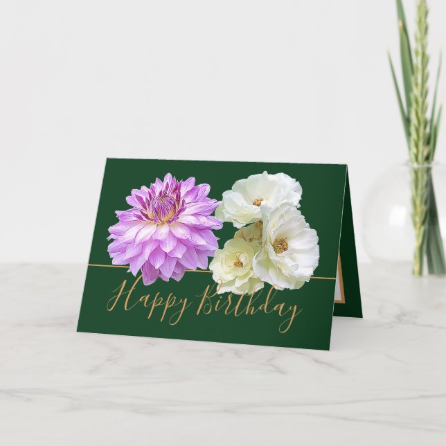 Weiße Rosen und Pink Dahlia Floral Bouquet Geburts Karte (Vorderseite)