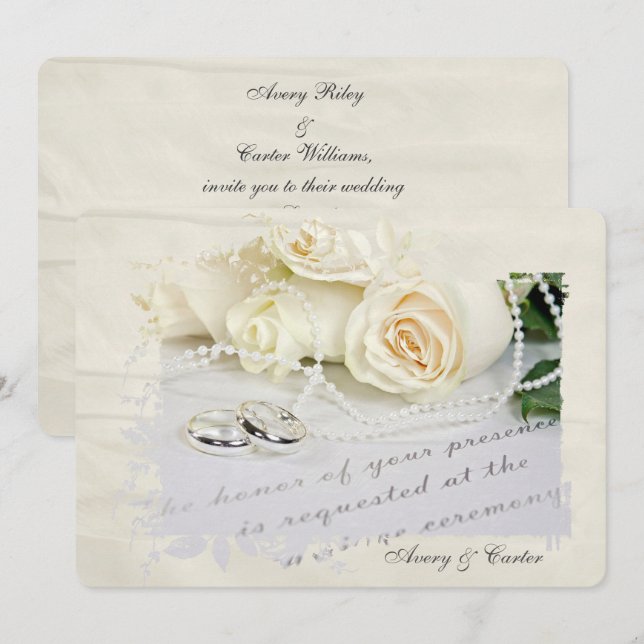 Weiße Rosen und Ringe auf der Hochzeit laden Einladung (Vorne/Hinten)