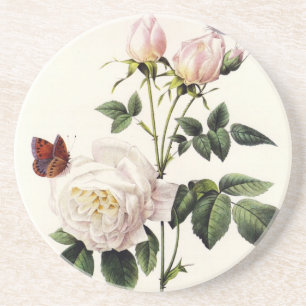 weiße Rosen und Schmetterlinge, Pierre Joseph Redo Sandstein Untersetzer