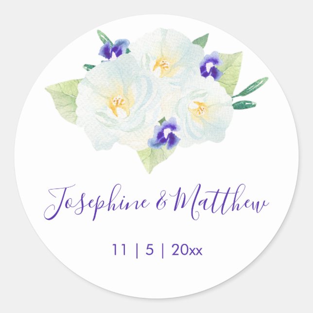Weiße Rosen und violette Blume Hochzeit Runder Aufkleber (Vorderseite)
