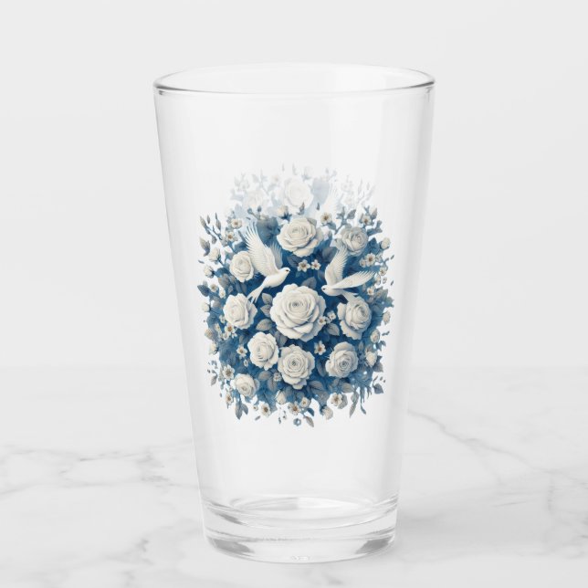 Weiße Rosen und weiße Vögel Glas (Vorderseite)