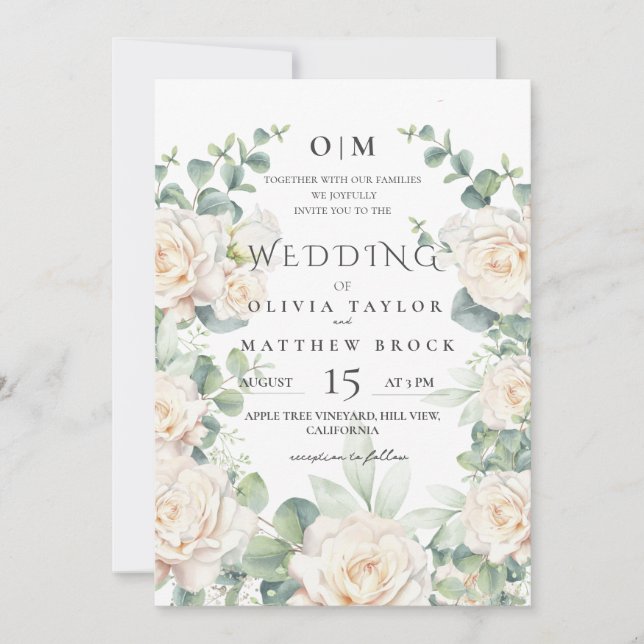 Weiße Rosen Wasserfarbe Elegante Hochzeit Einladung (Vorderseite)