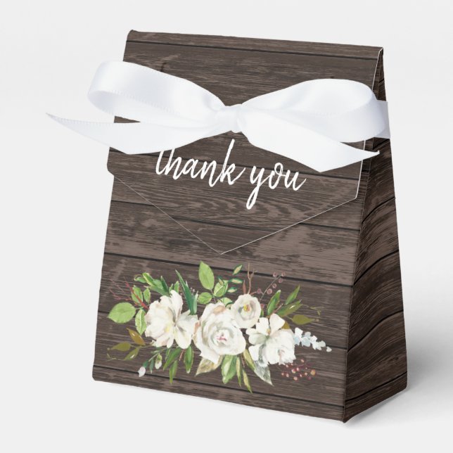 Weiße Rosenblume Dunkelbraunes Holz Rustikale Hoch Geschenkschachtel (Vorderseite)