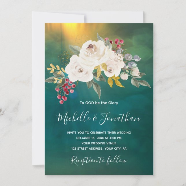 Weiße Rosenblüte auf Christlicher Hochzeit Einladung (Vorderseite)