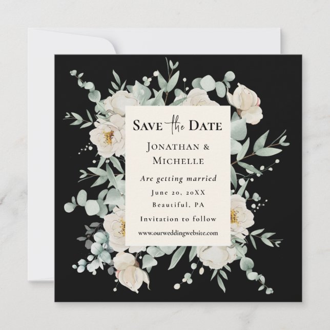 Weiße Rosenblüte auf der Christlichen Schwarzen Ho Save The Date (Vorderseite)