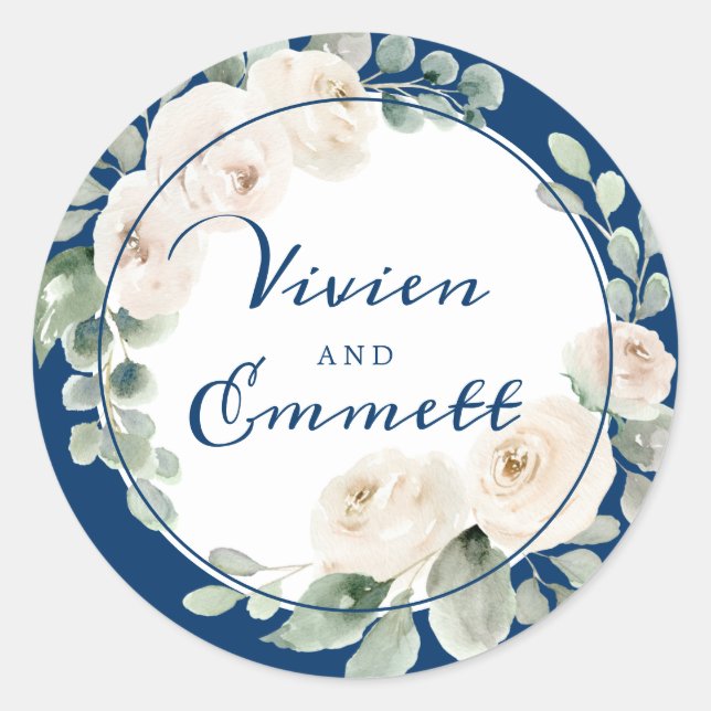 Weiße Rosenblüte auf Navy Blue Gastgeschenk Hochze Runder Aufkleber (Vorderseite)