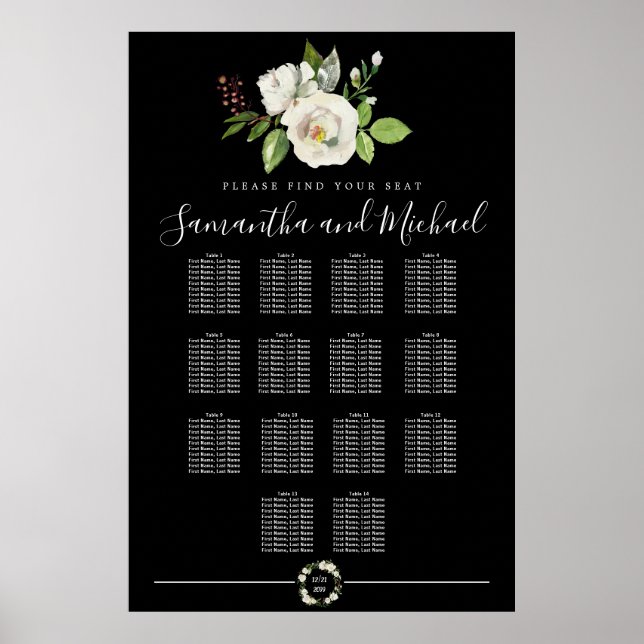 Weiße Rosenblüte auf schwarzen 14-Tisch-Sitzplaket Poster (Vorne)