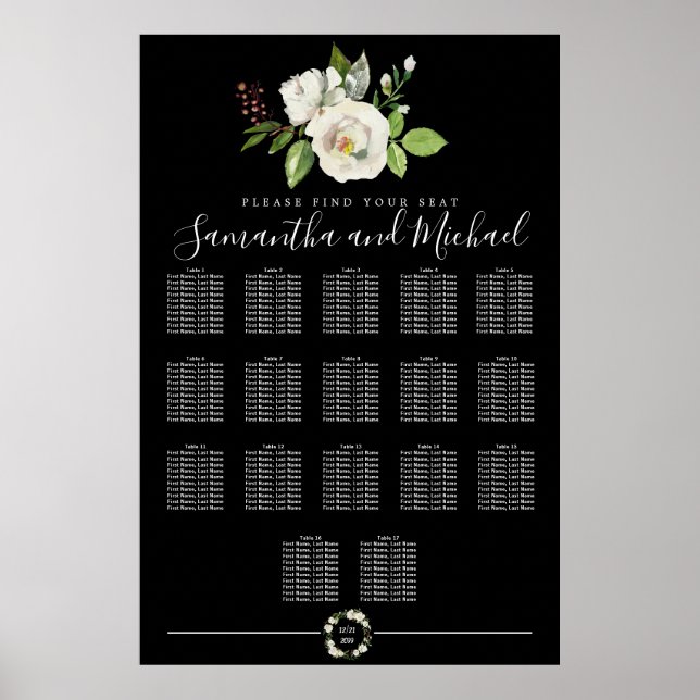 Weiße Rosenblüte auf schwarzen 17-Tisch-Sitzplaket Poster (Vorne)