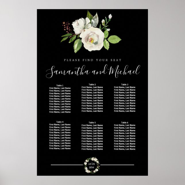 Weiße Rosenblüte auf schwarzen 6-Tisch-Sitze-Chart Poster (Vorne)