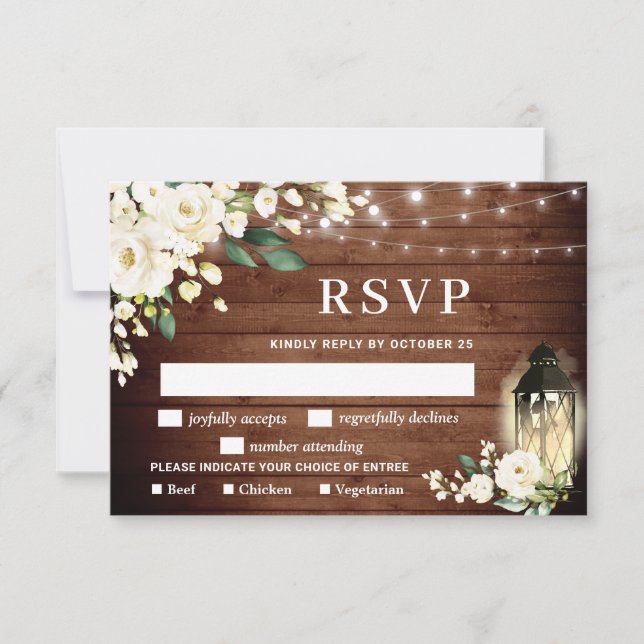 Weiße Rosengrün Laternenwald Rustikales Holz RSVP Karte (Vorderseite)