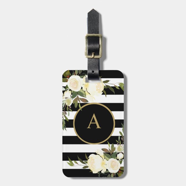 WEISSE ROSES Gold Monogramm Schwarz-weiß gestriche Gepäckanhänger (Vorderseite vertikal)