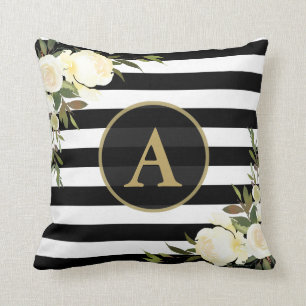 WEISSE ROSES Gold Monogramm Schwarz-weiß gestriche Kissen