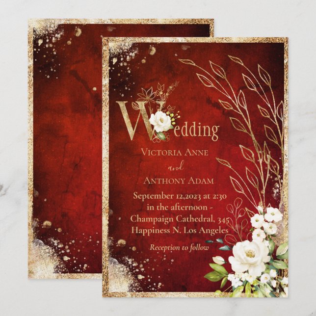 Weiße rote goldene Botanische Blütenhochzeit Einladung (Vorne/Hinten)