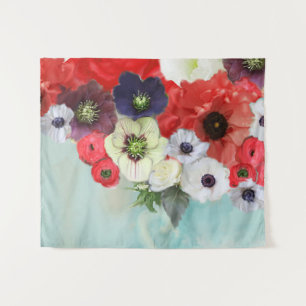 WEIßE ROTE ROSEN ,ANEMONENBLUMEN ,TÜRKIS AQUABLAU WANDTEPPICH