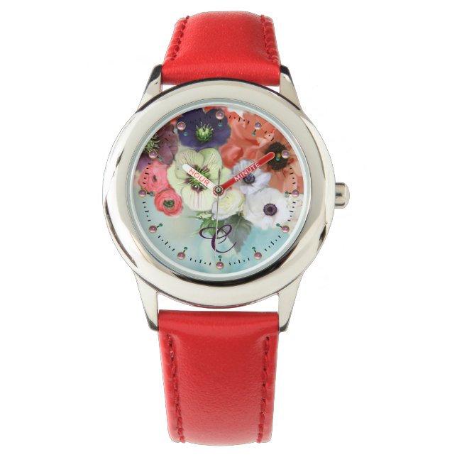 WEISSE ROTE ROSEN, BLAUE ANEMONE BLUME MONOGRAMM ARMBANDUHR (Vorderseite)
