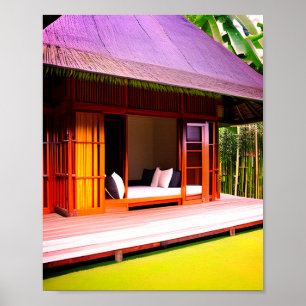 Weiße rote Schneemärchenhaus lila Bambus AI-Kunst Poster