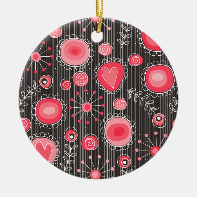 Weiße, rote und graue Herzen und Blume, blühend Keramik Ornament (Vorne)