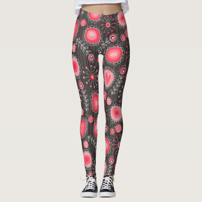 Weiße, rote und graue Herzen und Blume, blühend Leggings (Vorderseite)