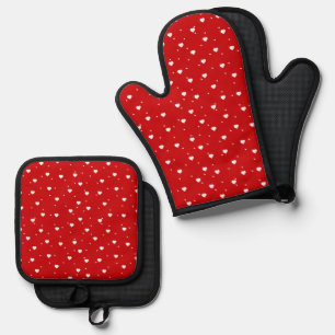 Weiße rote Valentine Herzmuster Ofenhandschuh & Topflappen-Set